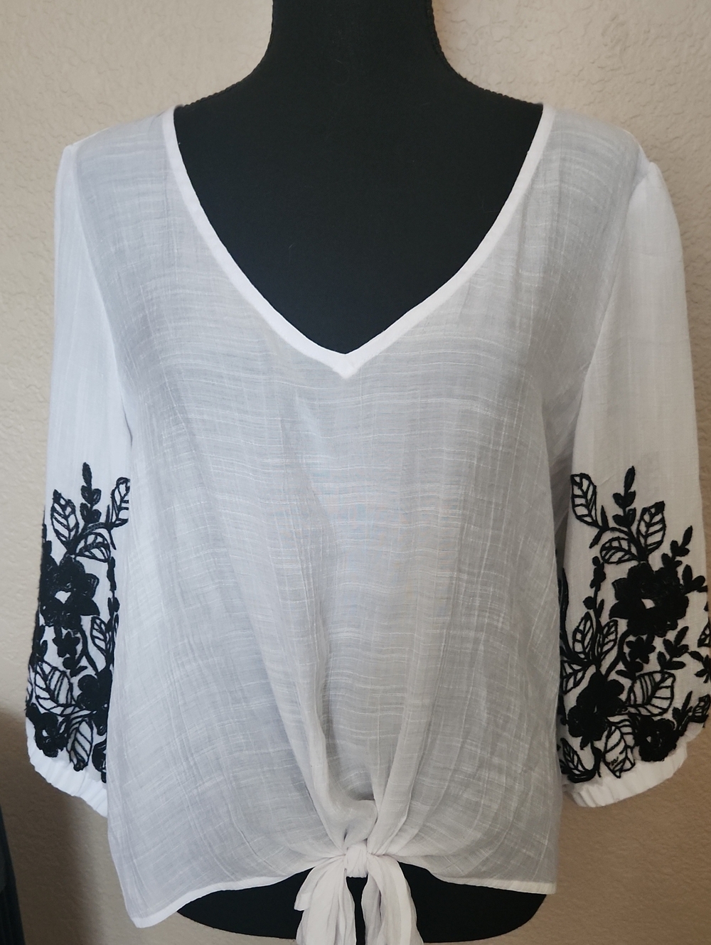 White V-Neck Tie-Front Blouse with Black Floral Sleeve Embroidery